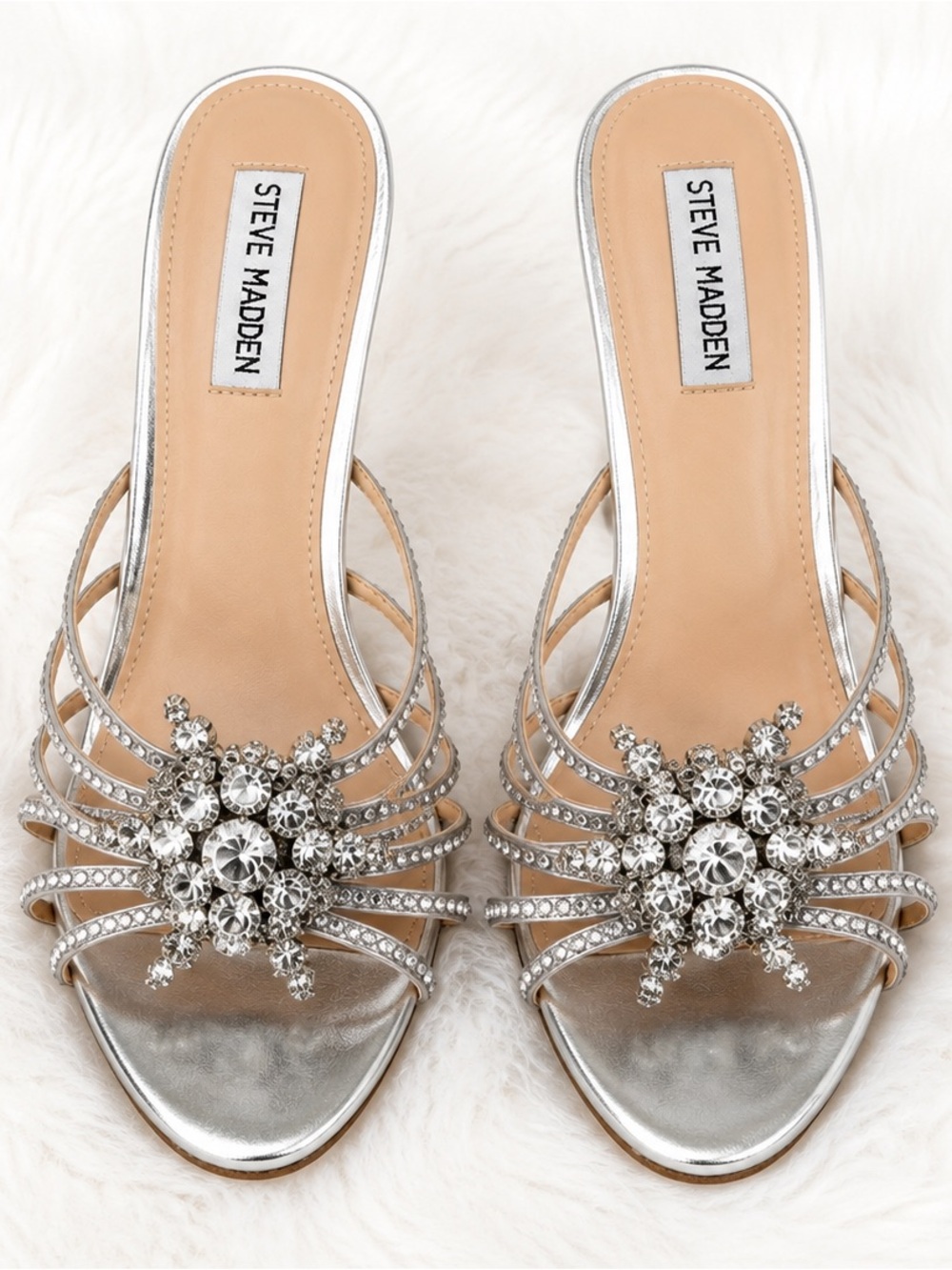 Steve Madden Pamola Crystal Embellished Silver Heeled Sandals Size 10M EUC - Picture 2 of 4